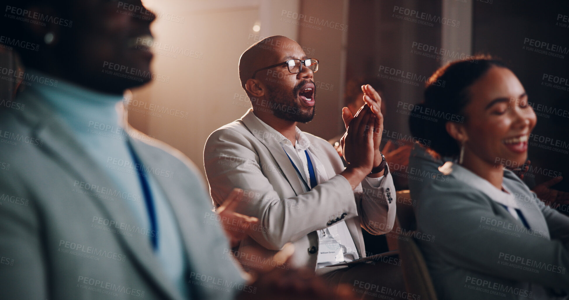 Buy stock photo Business, man and people with applause at seminar for  success, profit increase and presentation achievement. Smile, crowd and clapping hands for investment, winner and promotion celebration of award