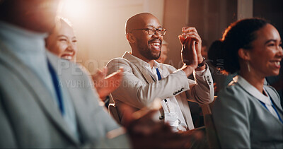 Buy stock photo Man, happy and crowd applause at seminar for business, employee engagement and positive feedback. Staff, clapping and excited in conference room for campaign success, welcome speaker and presentation