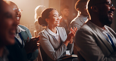 Buy stock photo Woman, happy or crowd applause at presentation for business, employee engagement or positive feedback. Staff, clapping and excited in conference room for campaign success, welcome speaker and seminar