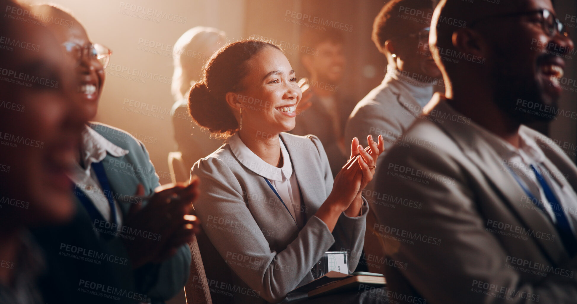 Buy stock photo Woman, happy or crowd applause at presentation for business, employee engagement or positive feedback. Staff, clapping and excited in conference room for campaign success, welcome speaker and seminar