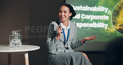 Buy stock photo Woman, stage and smile at conference for sustainable ideas  and responsible corporate decisions as public speaker. Female person, screen and global networking, seminar and summit in auditorium