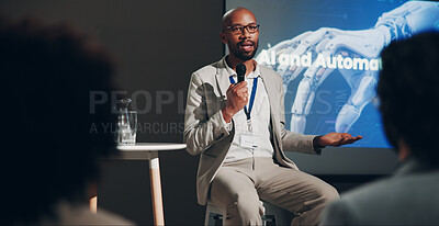 Buy stock photo Black man, stage and microphone at conference for technically and AI discussion as public speaker. Male person, screen and presentation for global networking, seminar and summit in auditorium