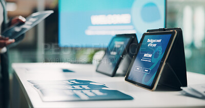 Buy stock photo Welcome booth, conference and tablet at expo for summit, information or showcase. Product exhibition, brochure and networking pitch with technology at seminar for workshop, tradeshow and event