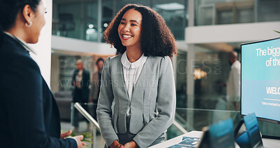 Buy stock photo Businesswoman, happy and computer in lobby for welcome, introduction and informative discussion. People, corporate office and smile at tech for friendly service, conversation and about us at seminar