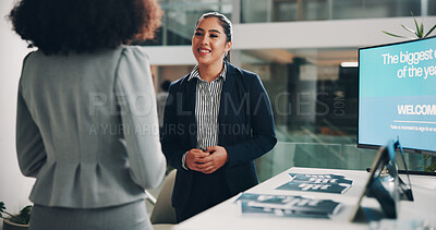Buy stock photo Welcome booth, conference and business people at expo for summit, information or showcase. Product exhibition, brochure and networking pitch with employee at seminar for workshop, tradeshow and event