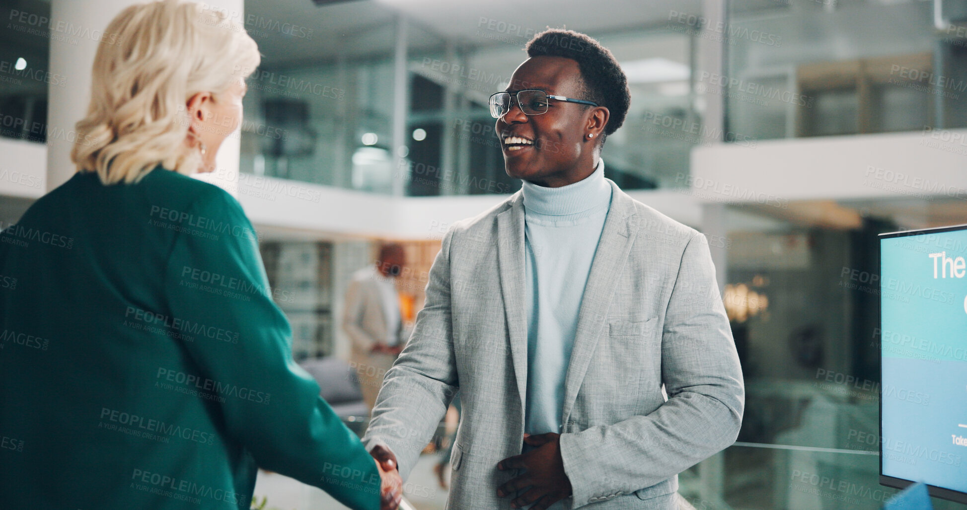 Buy stock photo Welcome booth, handshake and tradeshow with business people at expo for summit, meeting or showcase. Product exhibition, brochure and networking pitch with employee at seminar for workshop event