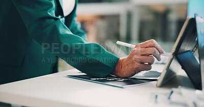 Buy stock photo Welcome booth, conference and tablet sign in at expo for summit, information or showcase. Product exhibition, brochure and networking pitch with person at seminar for workshop, tradeshow and event