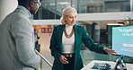 Welcome booth, conference and showcase with business people at expo for summit, information or tradeshow. Product exhibition, brochure and networking pitch with employee at seminar for workshop event
