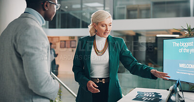 Buy stock photo Welcome booth, conference and showcase with business people at expo for summit, information or tradeshow. Product exhibition, brochure and networking pitch with employee at seminar for workshop event