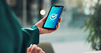 Hand, screen and person in office, smartphone and display of sent message, complete and communication. Sign, online  and event planner with mobile for information, app and connection for project