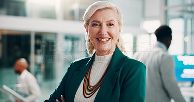 Buy stock photo Office, mature woman and portrait with arms crossed for professional, smile and pride for conference. Career, female person or public relations manager with confidence for event, ambition or positive