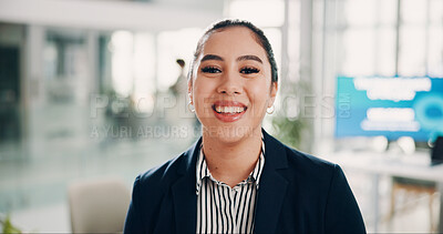 Buy stock photo Portrait, business and woman with smile, confidence and professional in modern office. Face, person and employee in workplace, career ambition and accounting with company for financial advice and joy