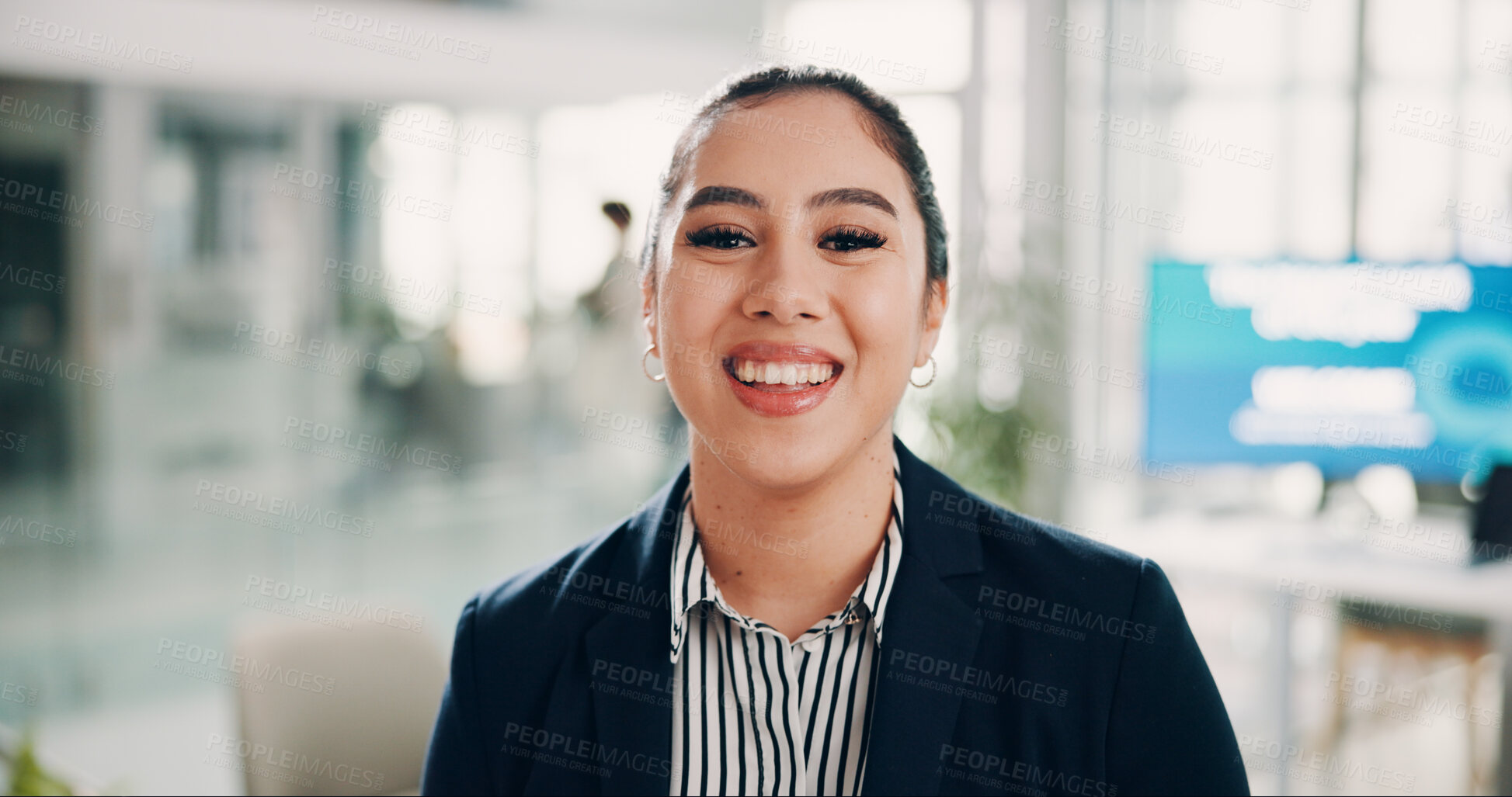 Buy stock photo Portrait, business and woman with smile, confidence and professional in modern office. Face, person and employee in workplace, career ambition and accounting with company for financial advice and joy