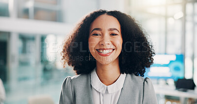 Buy stock photo Office, business woman and portrait with happiness for profession, smile and pride for conference. Career, female person and public relations manager with confidence for event, ambition and positive