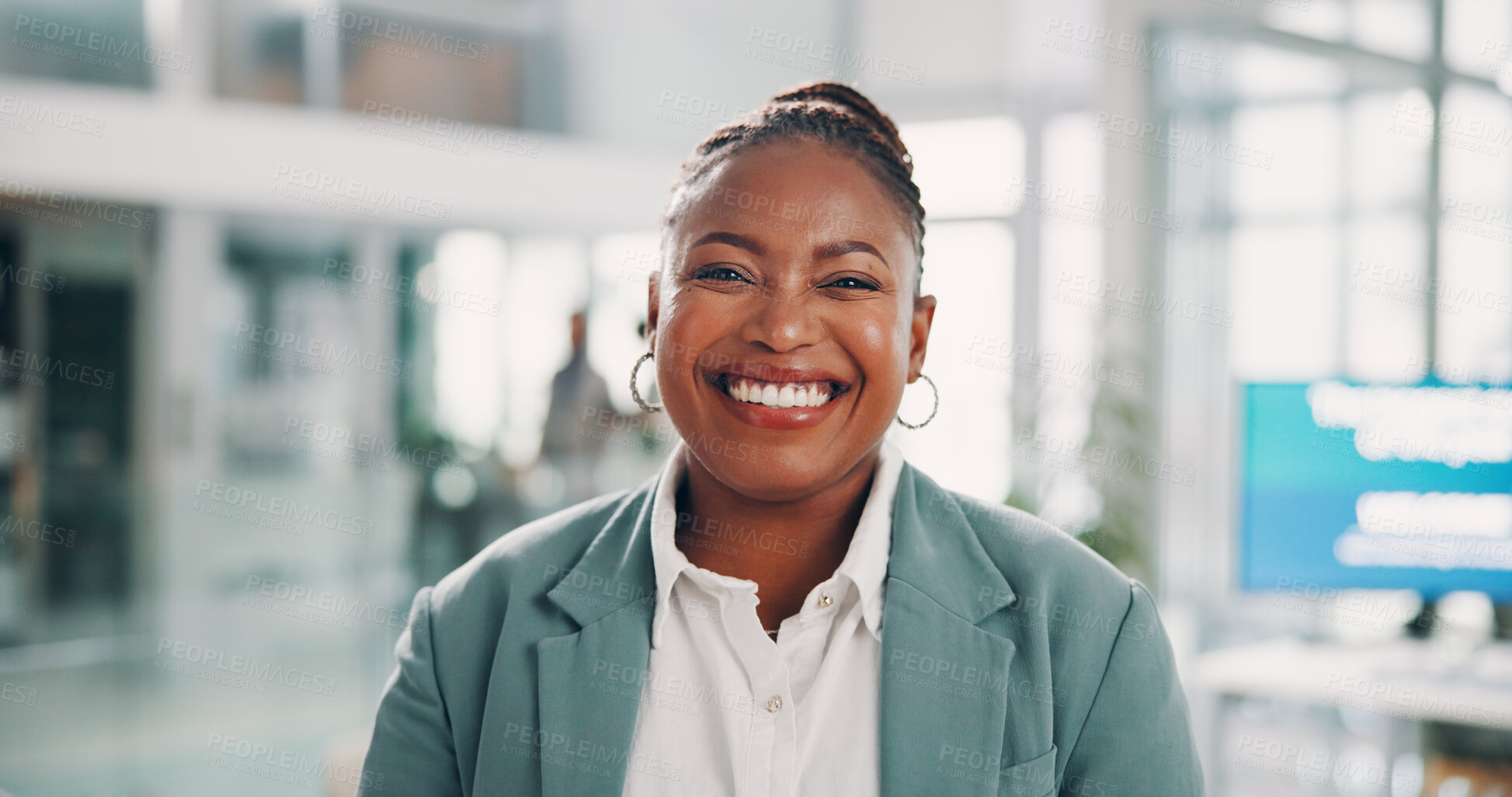 Buy stock photo Professional, black woman and portrait in office for business, laughing and pride for conference. Career, female person and public relations manager with confidence for event, ambition and positive