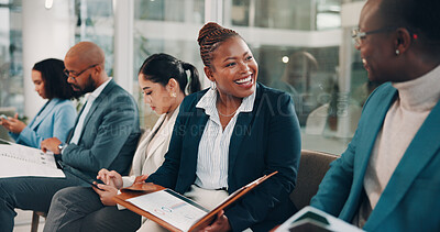 Buy stock photo Woman, audience and question at convention, training or discussion with event for gender equality. Business people, smile and notes with clipboard, inclusion or feedback at conference presentation