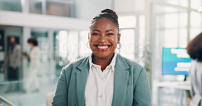 Buy stock photo Career, black woman and portrait in office for business, laughing and pride for conference. Professional, female person and public relations manager with confidence for event, ambition and positive