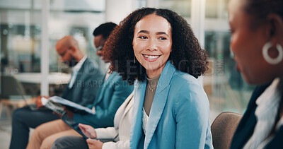 Buy stock photo Woman, smile and question at trade show, training or discussion with event for gender equality. Business people, audience and notes with clipboard, inclusion or feedback at conference presentation