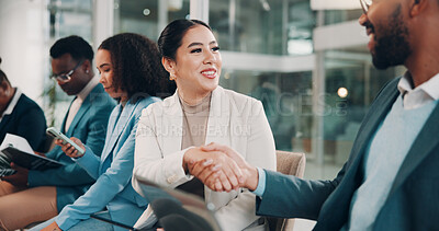 Buy stock photo Woman, handshake and introduction at trade show, training or event discussion for gender equality. Business people, audience and smile with tablet, inclusion or feedback at conference presentation