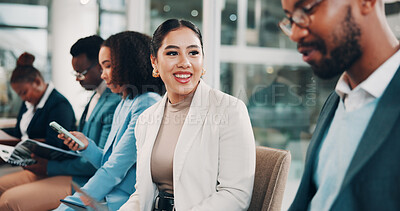 Buy stock photo Woman, smile and greeting in audience, training or event discussion for gender equality convention. Business people, trade show and happy with inclusion, feedback or conference presentation workshop