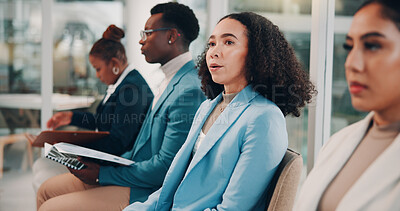 Buy stock photo Woman, audience and employees at convention, tradeshow or discussion with seminar event. Business people, listen and info with speech, inclusion or feedback with presentation for gender equality