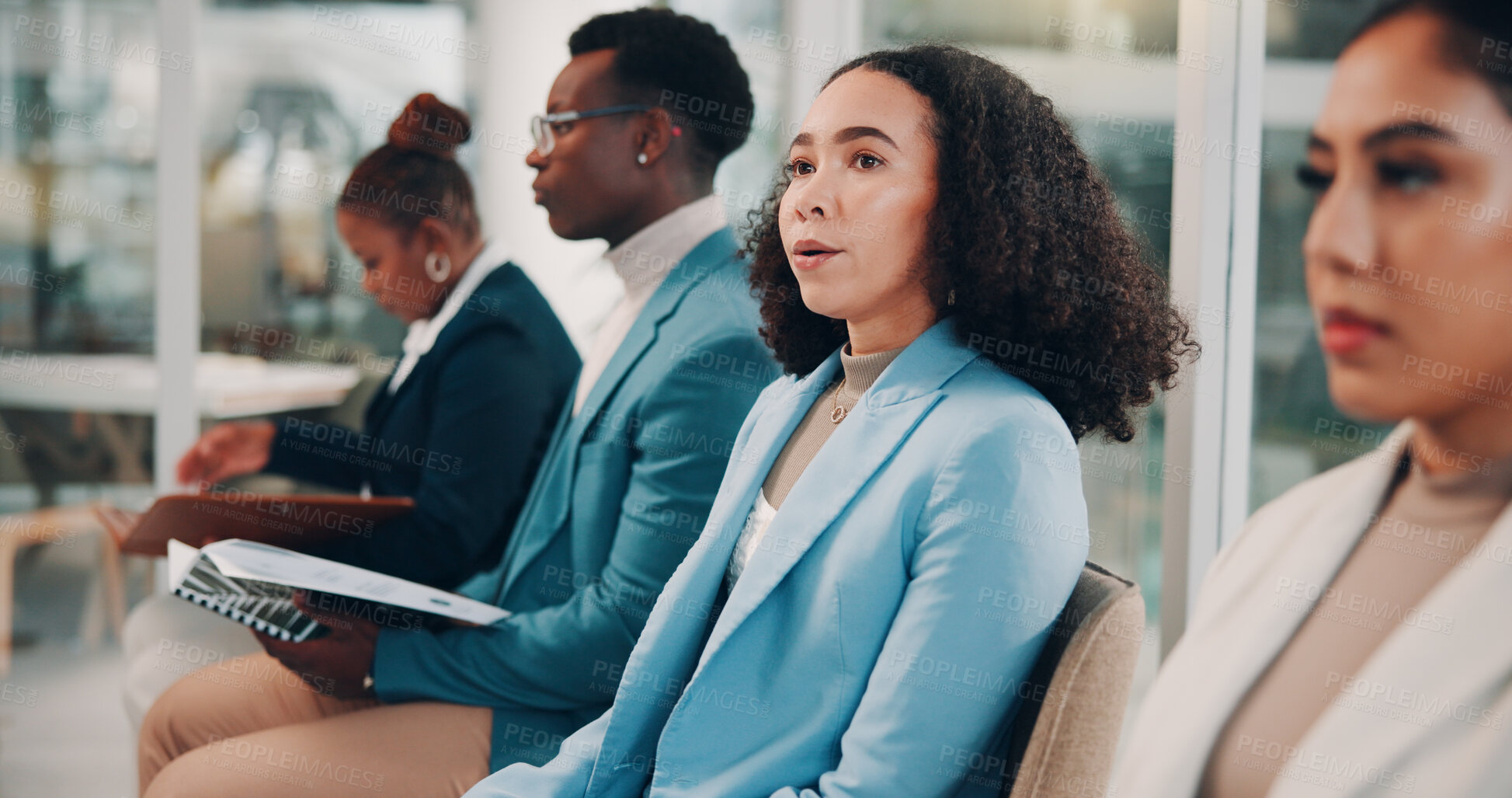 Buy stock photo Woman, audience and employees at convention, tradeshow or discussion with seminar event. Business people, listen and info with speech, inclusion or feedback with presentation for gender equality