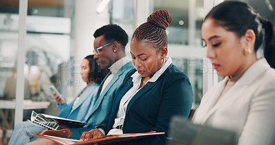 Buy stock photo Business people, audience and employees at conference, tradeshow or discussion with seminar event. Notes, listen and info with speech, inclusion or feedback with presentation for gender equality