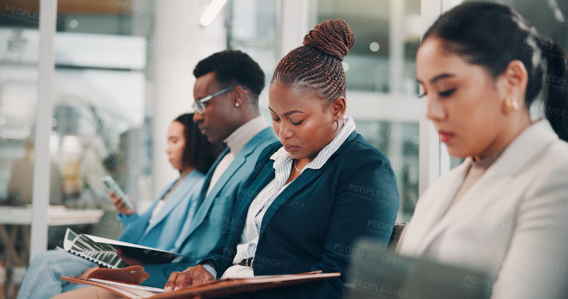 Buy stock photo Business people, audience and employees at conference, tradeshow or discussion with seminar event. Notes, listen and info with speech, inclusion or feedback with presentation for gender equality