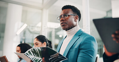 Buy stock photo Business man, audience and employees at conference, tradeshow or discussion with seminar event. Design workshop, listen and info with speech, proposal notes or feedback for presentation pitch