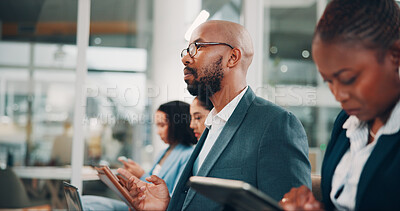 Buy stock photo Business man, audience and education at conference, tradeshow or discussion with seminar event. Notes, listen and info with speech, inclusion or feedback with presentation for gender equality