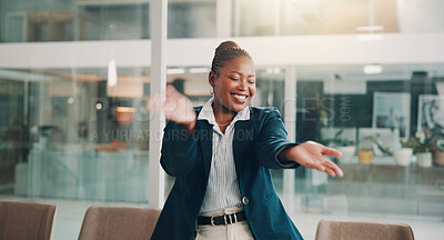 Buy stock photo Dance, celebration and happy with business black woman in office for success, winner and sales achievement. Deal closer, energy and bonus with employee in agency for profit, excited and project 