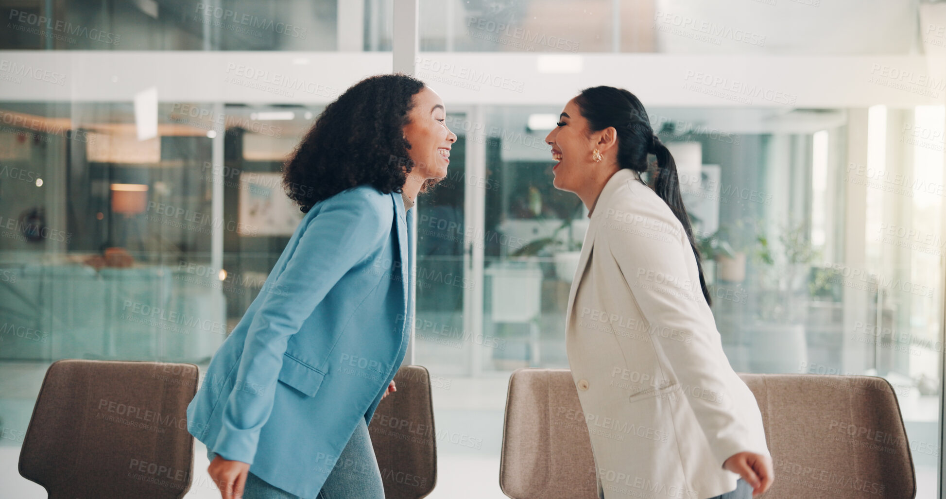 Buy stock photo Happy, business women and laughing in office, friends and excited of deal, project and communication. Teamwork, smile and girls in boardroom, accomplishment and success of lobbyist and celebration