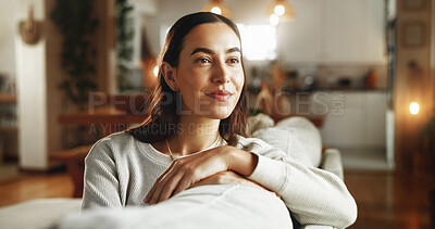 Buy stock photo Face, future and smile with woman on sofa in living room of home for contemplation or wellness. Idea, thinking and vision with happy person in apartment for memories, nostalgia or weekend planning