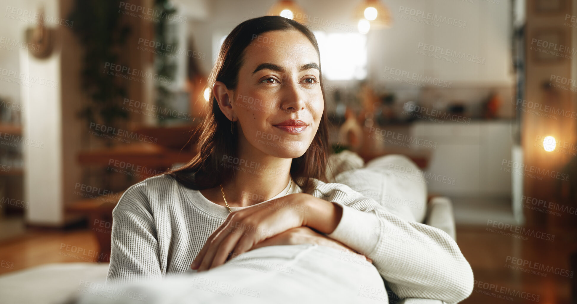 Buy stock photo Face, future and smile with woman on sofa in living room of home for contemplation or wellness. Idea, thinking and vision with happy person in apartment for memories, nostalgia or weekend planning