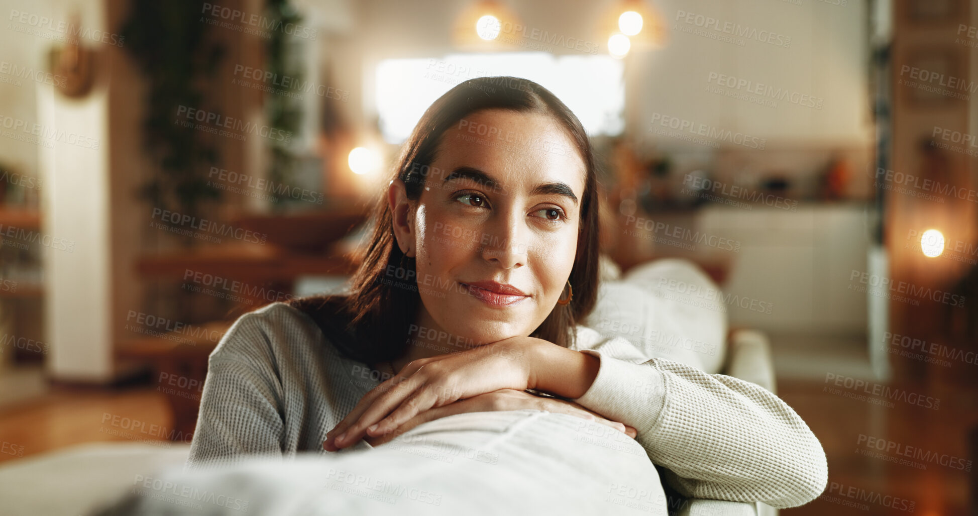 Buy stock photo Face, smile and vision with woman on sofa in living room of home for contemplation or wellness. Future, idea and thinking with happy person in apartment for memories, nostalgia or weekend planning