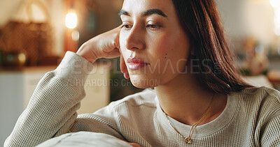 Buy stock photo Face, sad and thinking with woman on sofa in living room of home for contemplation, grief or loss. Depression, idea and mental health with unhappy person in apartment for memories or nostalgia