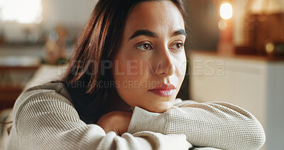 Buy stock photo Depression, face and thinking with woman on sofa in living room of home for contemplation, grief or loss. Idea, mental health and sad with unhappy person in apartment for memories or nostalgia