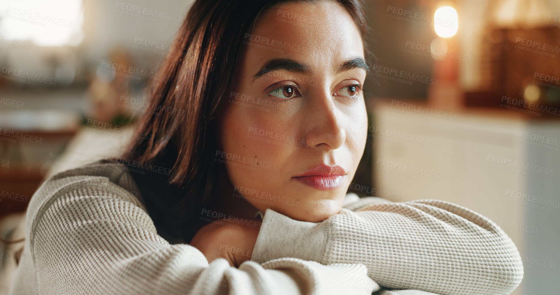 Buy stock photo Depression, face and thinking with woman on sofa in living room of home for contemplation, grief or loss. Idea, mental health and sad with unhappy person in apartment for memories or nostalgia