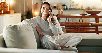 Buy stock photo Woman, phone call and smile on couch in home with communication, digital contact and conversation. Happy person, thinking or chat on sofa for online order, delivery update and tracking in living room