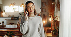 Woman, phone call and talking with smile in home with communication, digital contact and conversation. Happy person, thinking and chat for online order, delivery update and tracking in living room