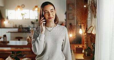 Buy stock photo Woman, phone call and talking with smile in home with communication, digital contact and conversation. Happy person, thinking and chat for online order, delivery update and tracking in living room