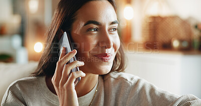 Buy stock photo Woman, phone call and happy with talking in home with communication, digital contact and conversation. Happy person, thinking and chat for online order, delivery update and tracking in living room