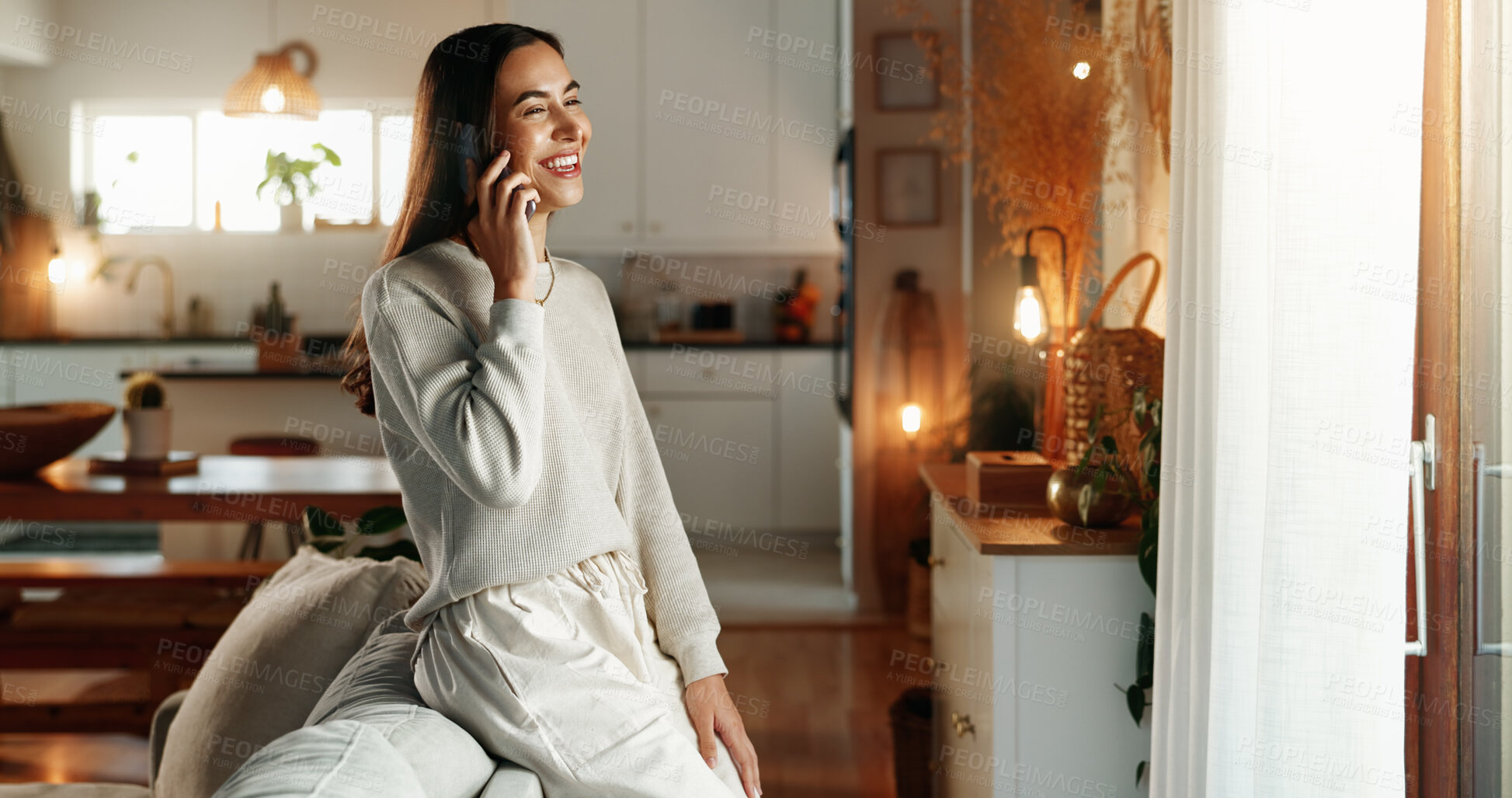 Buy stock photo Woman, phone call and happy by sofa in home with communication, digital contact or conversation. Person, thinking and chat by couch for online order, delivery update or tracking conformation in house