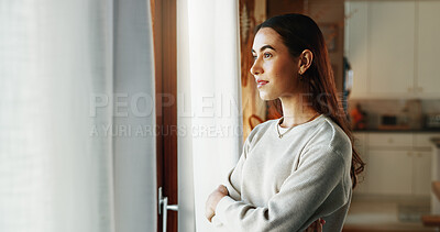 Buy stock photo Woman, arms crossed and thinking by window in house with daydreaming, reflection and happy memory in lounge. Girl, person or thoughtful in living room with wondering, remember or nostalgia with relax