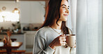 Girl, thinking and smile with coffee in home for relax, morning caffeine and wondering by window. Woman, person and tea in house for inspiration, happy memory and daydreaming to unwind in living room