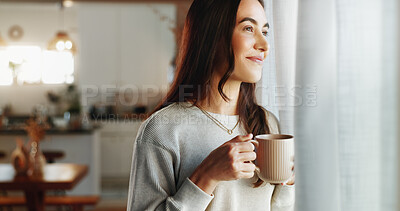 Buy stock photo Girl, thinking and smile with coffee in home for relax, morning caffeine and wondering by window. Woman, person and tea in house for inspiration, happy memory and daydreaming to unwind in living room