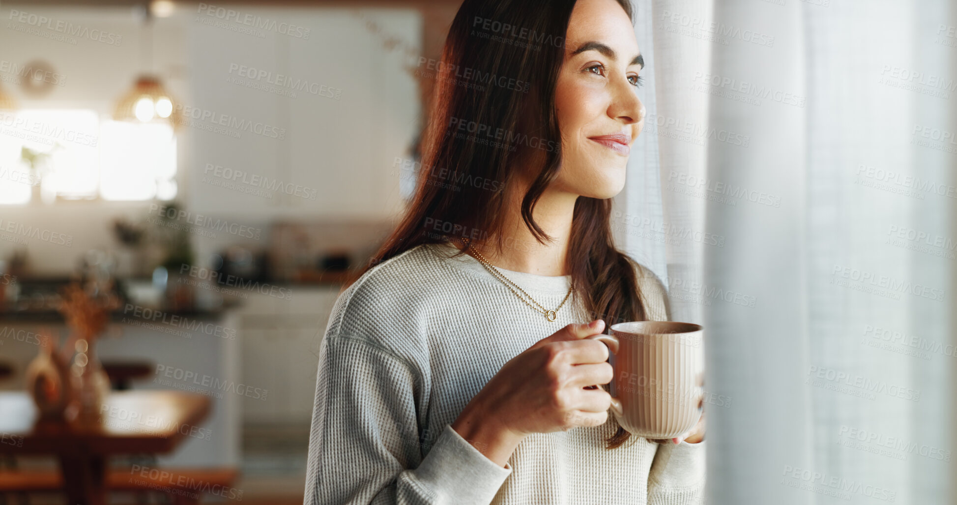 Buy stock photo Girl, thinking and smile with coffee in home for relax, morning caffeine and wondering by window. Woman, person and tea in house for inspiration, happy memory and daydreaming to unwind in living room