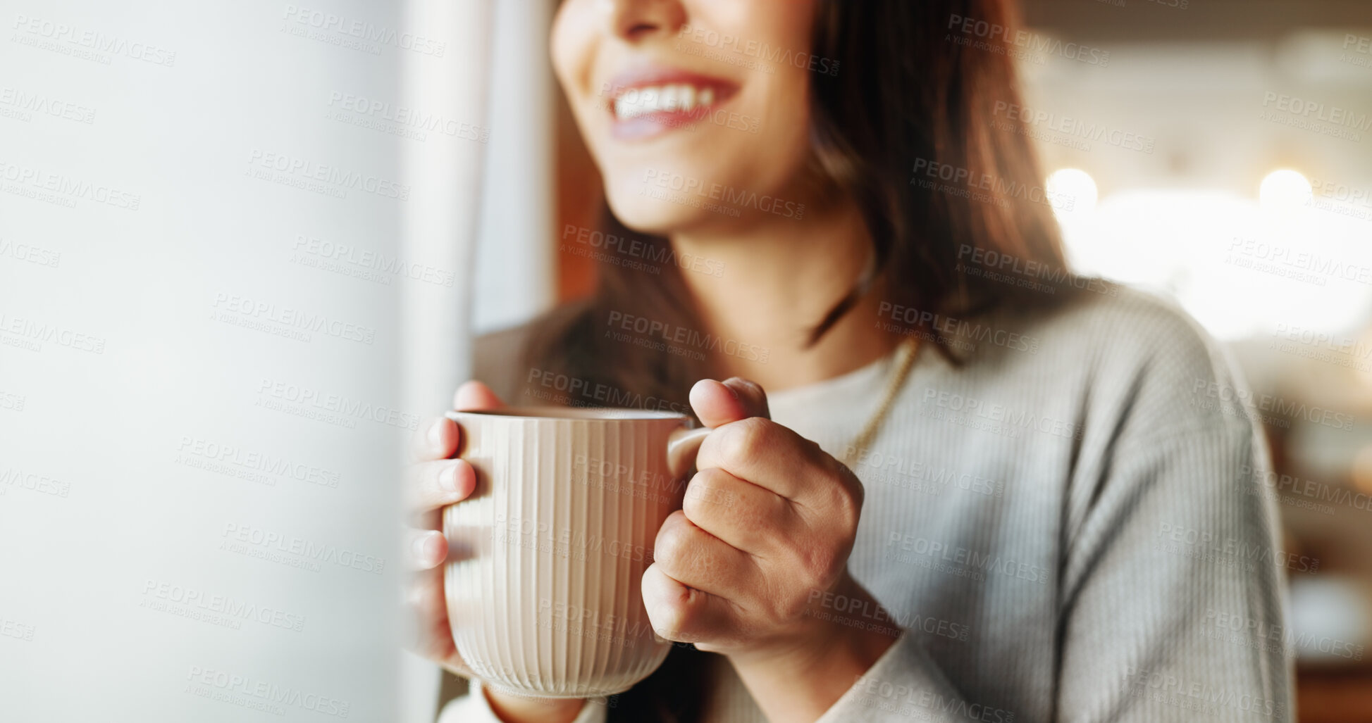 Buy stock photo Woman, hands and smile with coffee in home for relax, morning caffeine and thinking by window. Girl, person and drinking tea in house for inspiration, happy memory and daydreaming to unwind in lounge