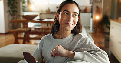 Buy stock photo Chocolate, happy and thinking with woman on sofa in living room of home for relax or wellness. Candy bar, idea and smile with face of person eating sweets in apartment for vision or weekend time off