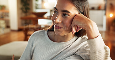 Buy stock photo Face, smile and thinking with woman on sofa in living room of home for contemplation or wellness. Future, idea and vision with happy person in apartment for memories, nostalgia or weekend planning